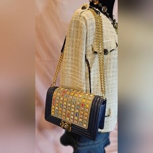 Jeweled Navy Leather Boy Style Crossbody & Shoulder Bag